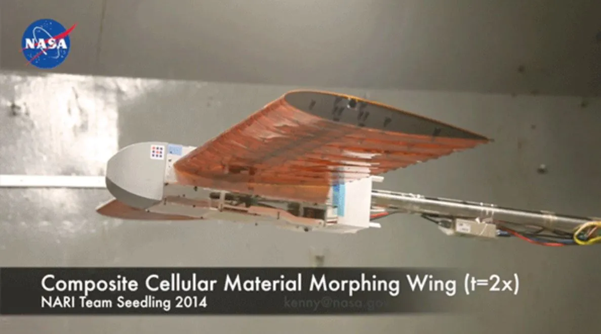 Side perspective of the test wing at Langley Research Center’s 12-Foot Low Speed Tunnel