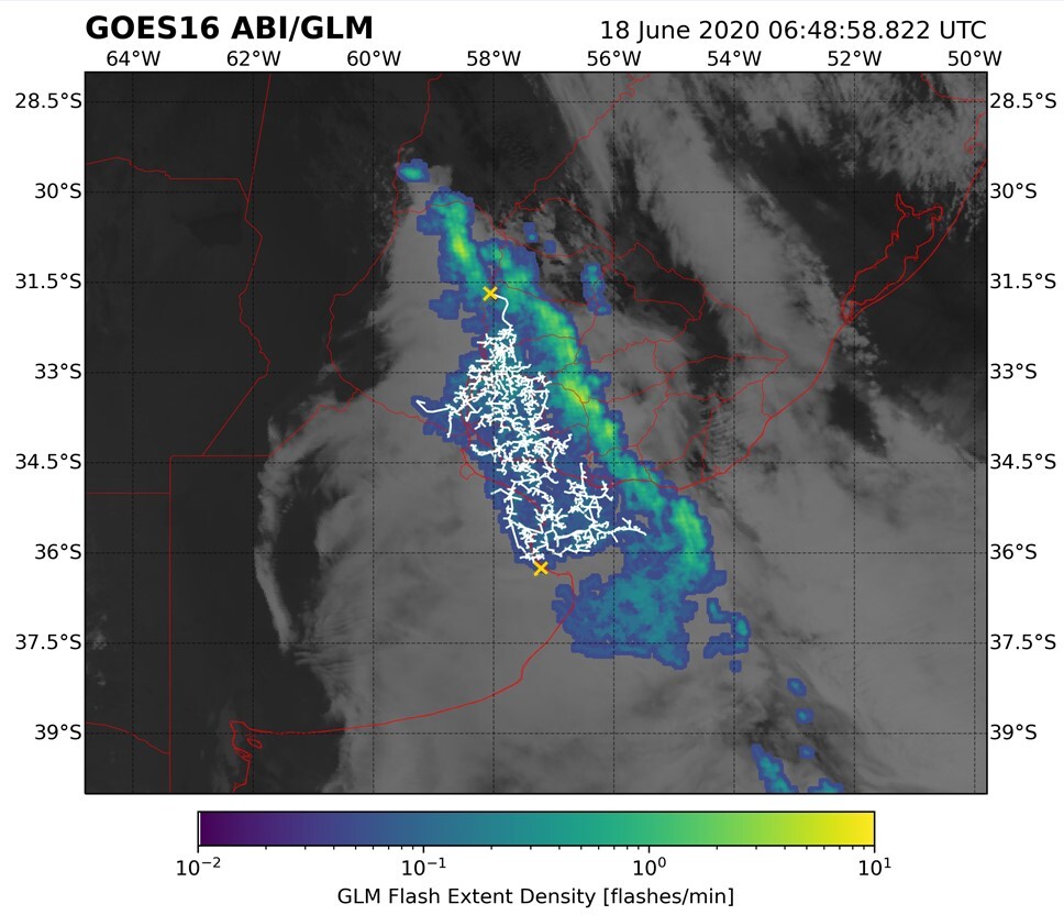 Satellite imagery of the longest duration lightning strike on record, lasting 17.1 seconds over South America