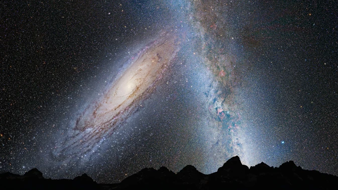 At 3.75 billion years, Andromeda fills the field of view, and the Milky Way begins to show distortion due to tidal pull (Image: NASA / STScI)