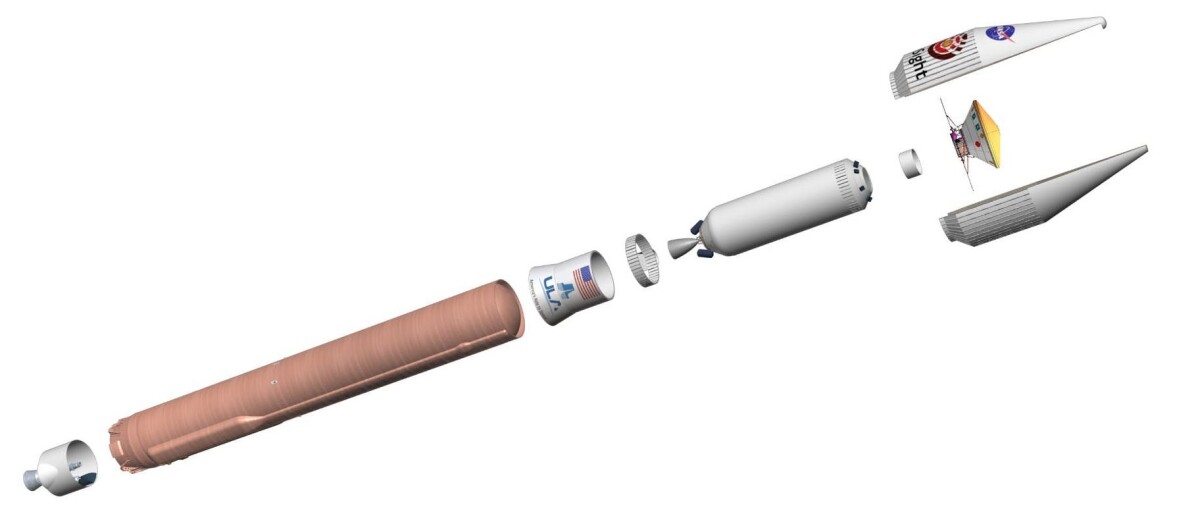 Exploded view of the Atlas V rocket and InSight spacecraft
