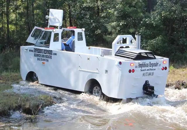 The Amphibious Responder uses separate land and water powertrains