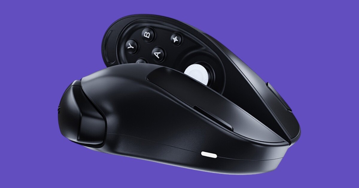 Futuristic mouse snaps in half to transform into a gamepad