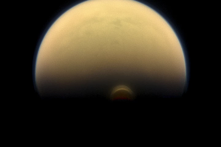 Image of Titan's south polar vortex, a hallmark of the winter season in the moon's southern hemisphere