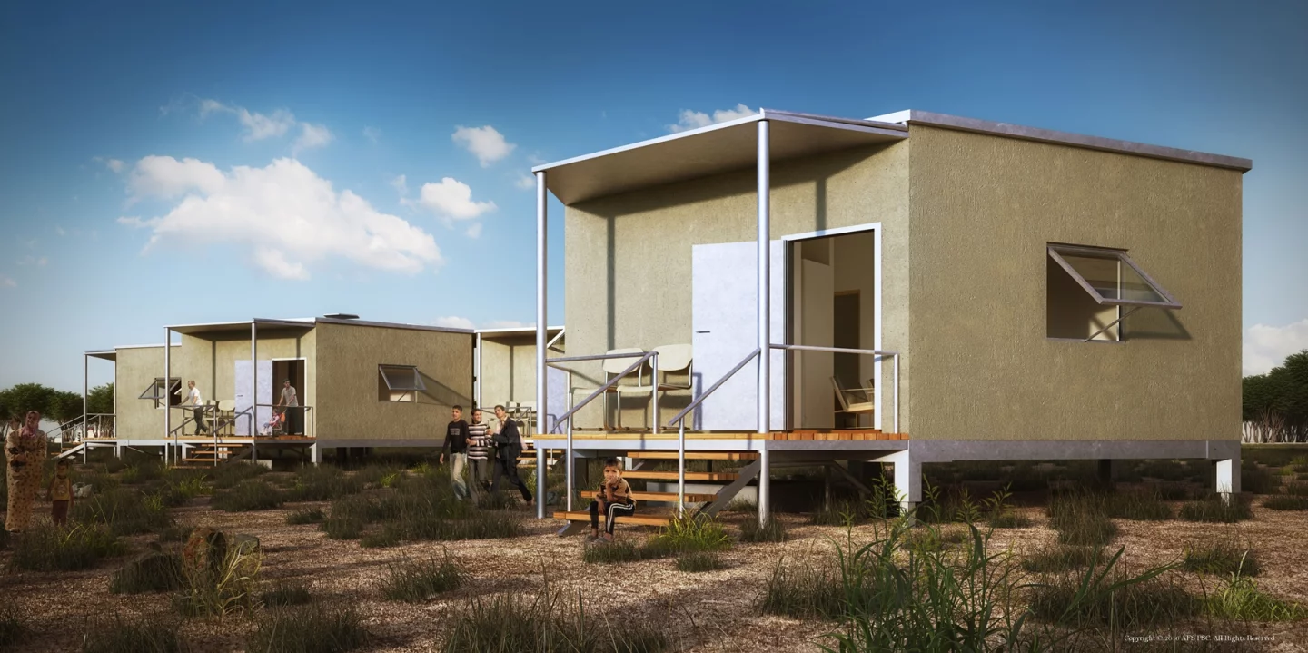 The main components for the shelter include galvanized tube steel for the base, and structural insulated panels (SIPs) for the walls, floor and roof