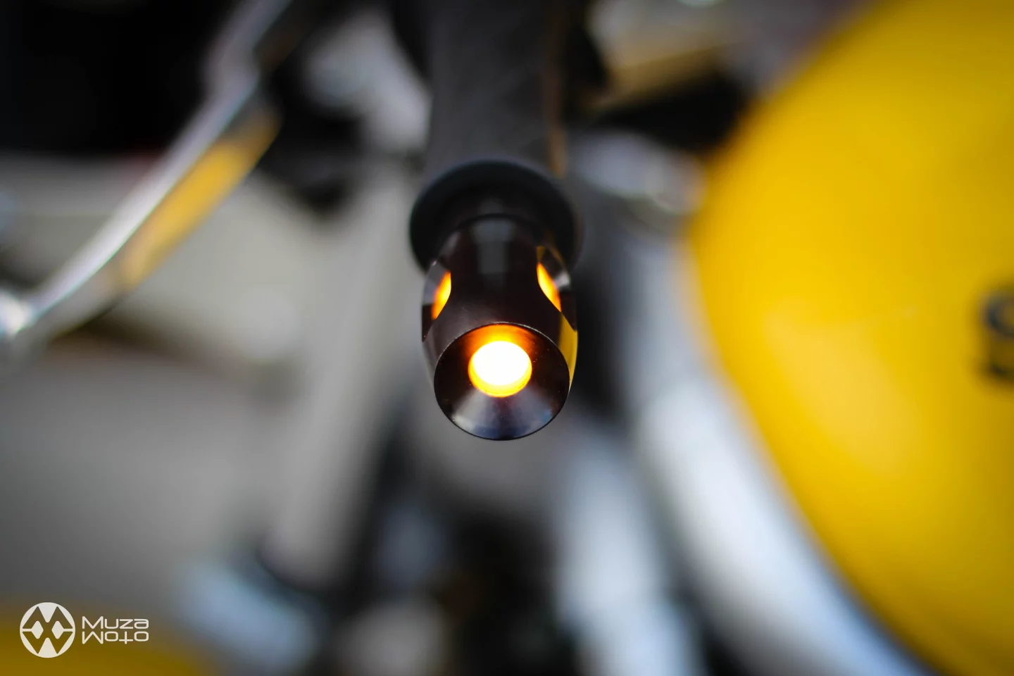 MuzaMoto Motorcycle Turn Signals are made from 6061 aircraft grade aluminum with an anodized finish, and feature a UV stabilized water-tight lens