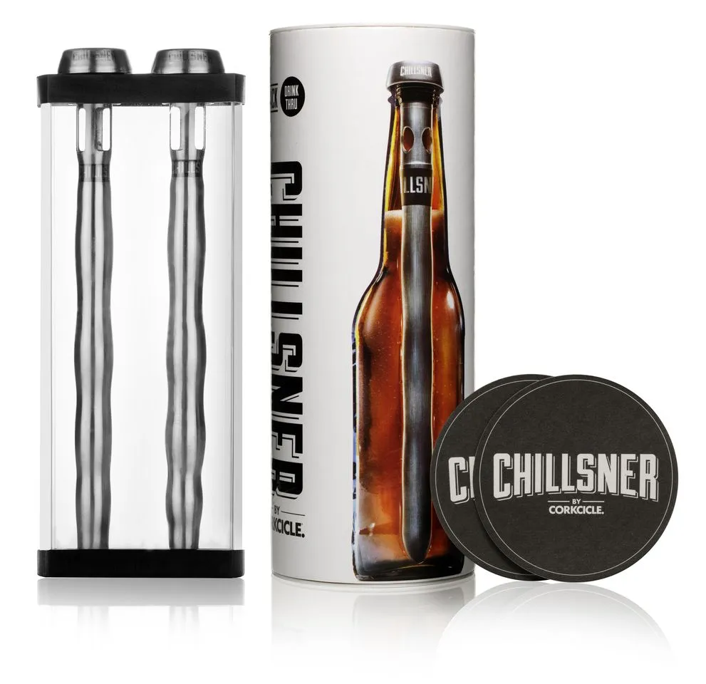 Each package will contain two Chillsners, along with a freezer case for storing them upright and two drink coasters