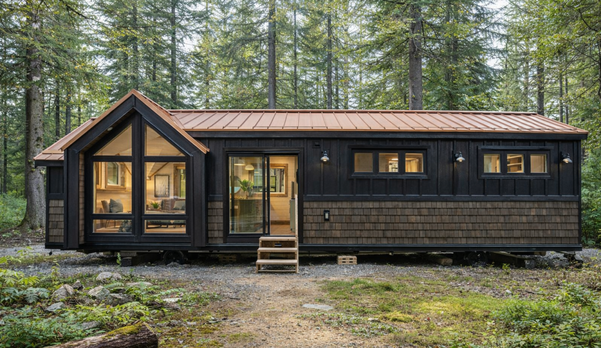 Park model tiny house provides apartment-style living on a single floor