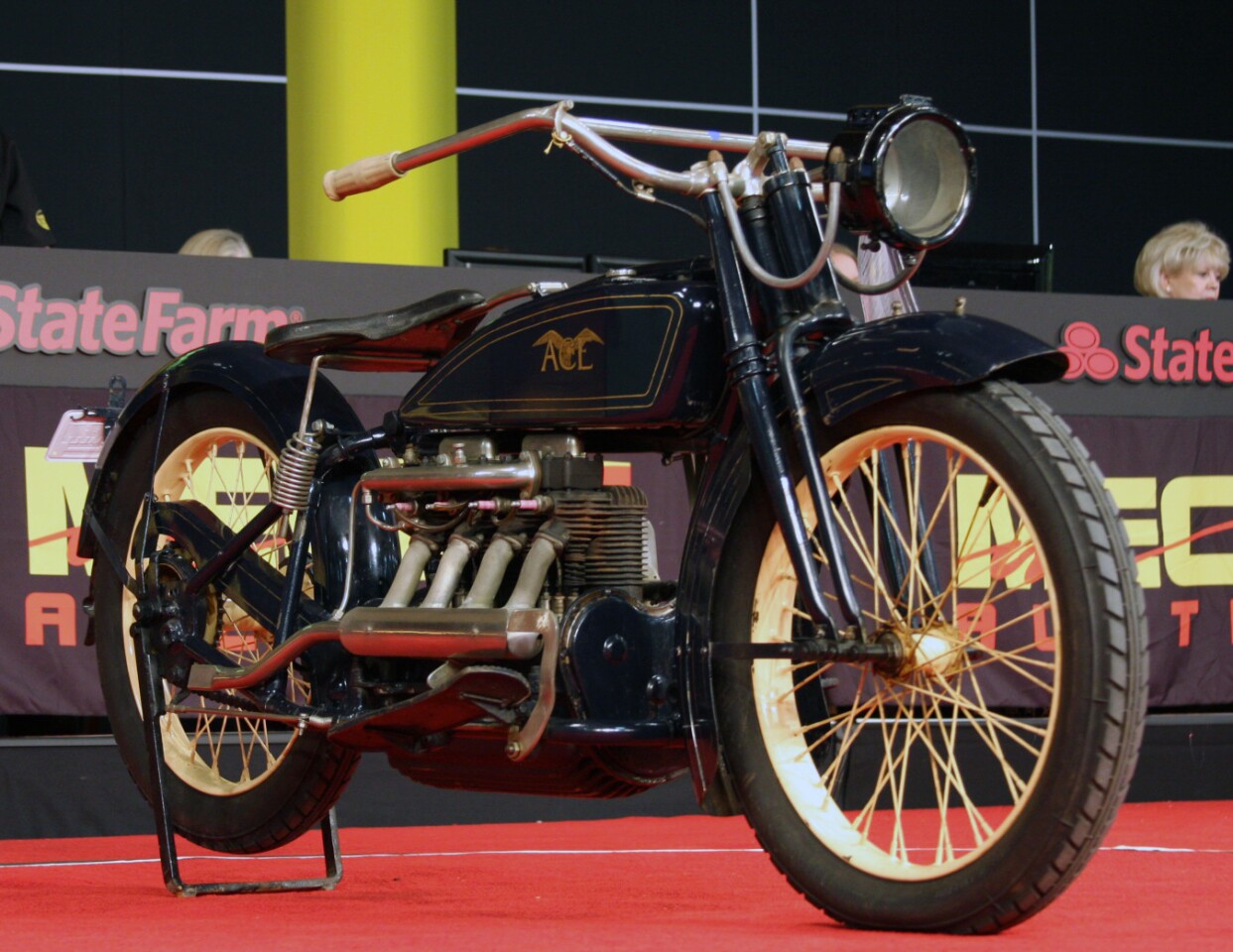 When the Henderson brothers sold the Henderson motorcycle to Ignatz Schwinn in 1917, both brothers quickly moved onwards, with Thomas traveling to Europe, and Bill deciding to build a new and better four-cylinder motorcycle. That bike became the Ace. The Ace 4 retained an F-head cylinder, and increased in displacement of 75 cu-in. (1220cc), with splash lubrication and a three-speed gearbox for an output of 20 hp. This 1920 Ace 4 is an older restoration, and bears the earliest Ace serial number known. Lot S78 was estimated at $85,000 to $125,000 and sold for $126,500.