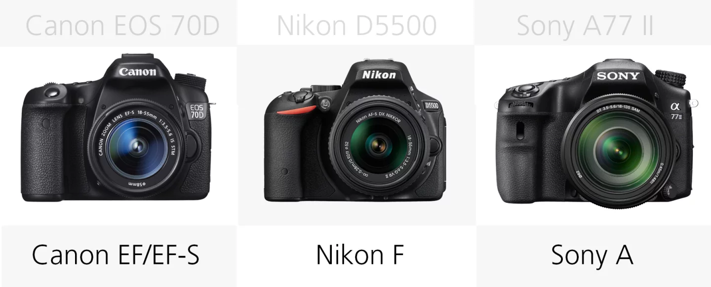 Lens mount comparison (Canon EOS 70D, Nikon D5500, Sony A77 II)