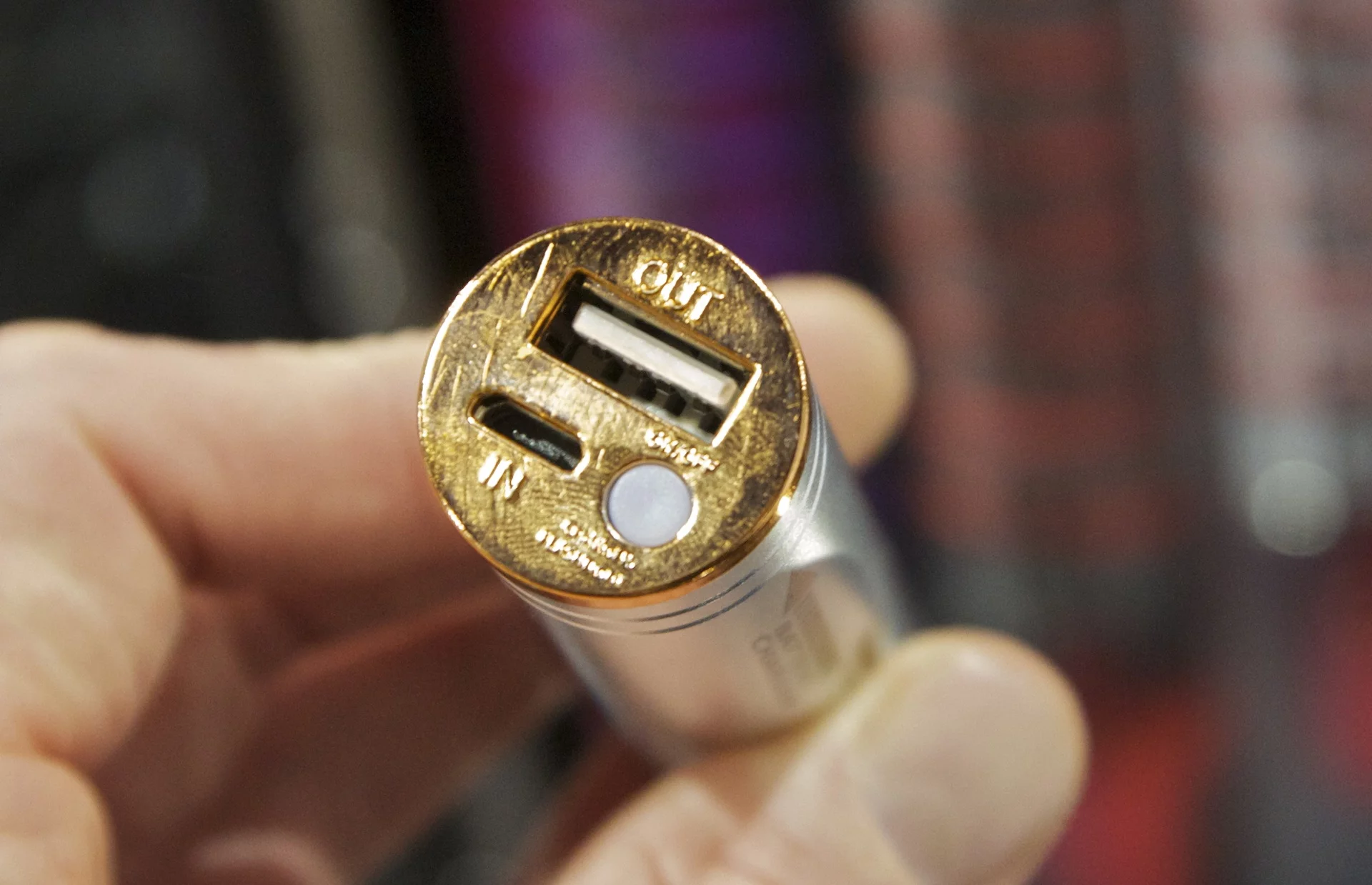 The Power Bank's micro USB input, USB 2.0 output and indicator LED