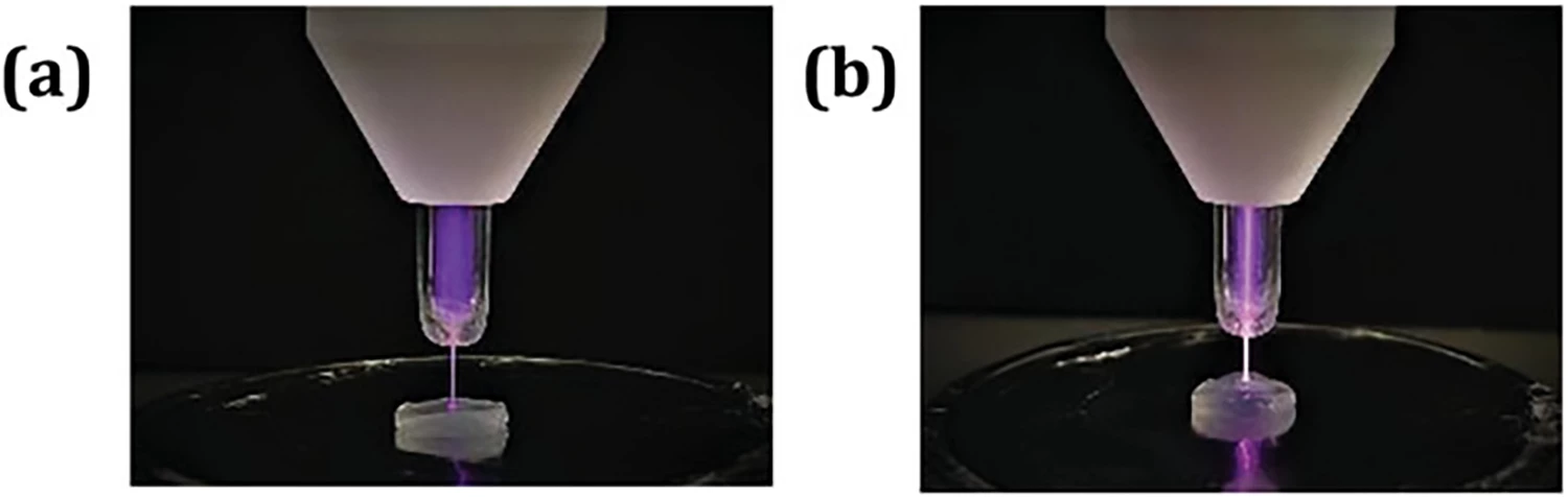Photos of the plasma jet during treatment with a) 'floating potential' and b) 'grounded' configurations