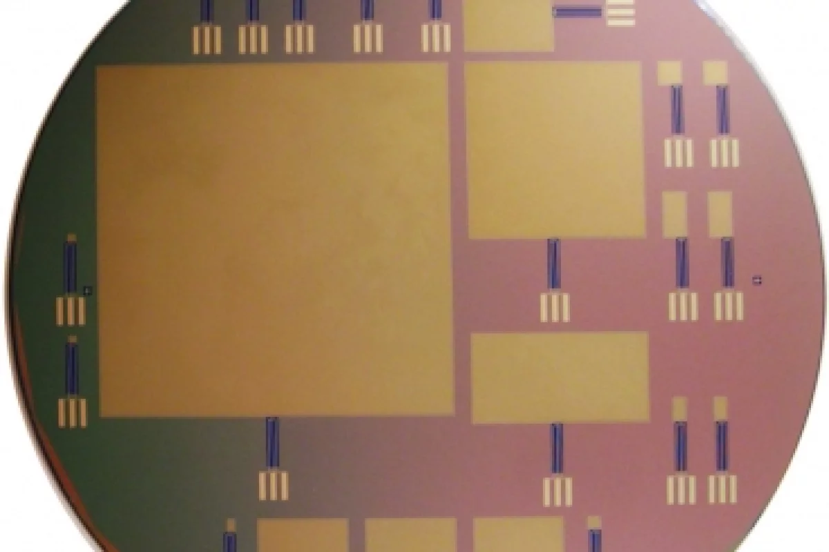 This silicon wafer consists of glucose fuel cells of varying sizes; the largest is 64 by 64 mm (Photo: Sarpeshkar Lab)