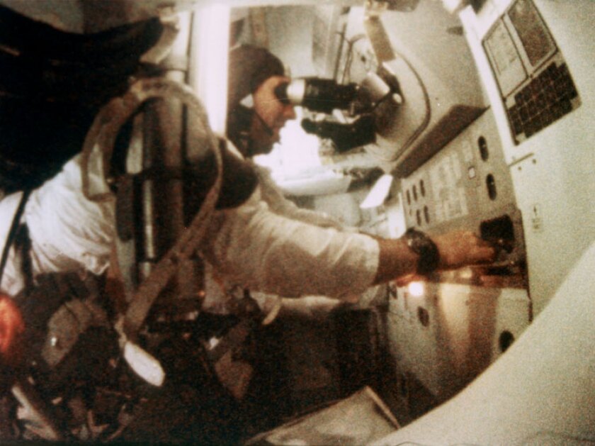 Astronaut James A. Lovell Jr. at the Command Module's Guidance and Navigation station (Image: NASA)