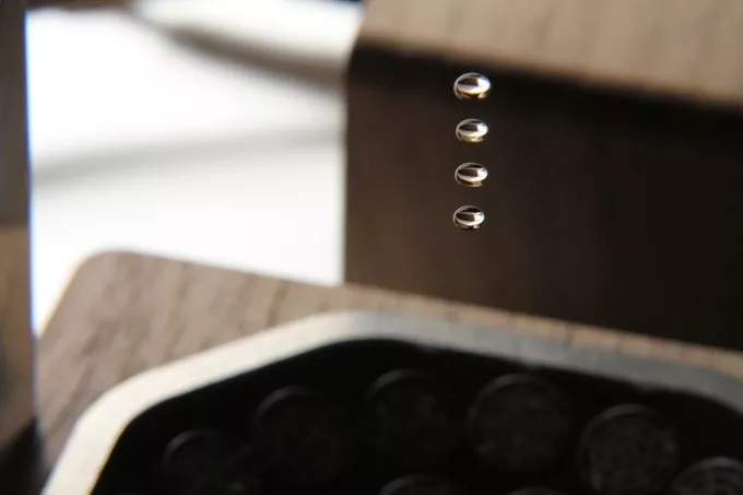 Several droplets can be placed into the sweet spot and will hover in place for hours until they evaporate