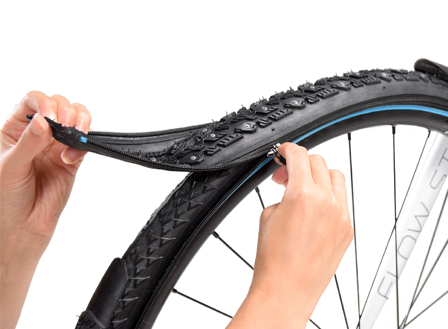 The reTyre winter skin is installed over the base tire