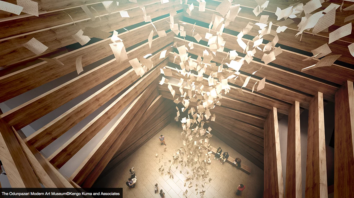 "The stacked and interlocked boxes are designed in various sizes to create diverse scales of exhibition space inside," explains the firm