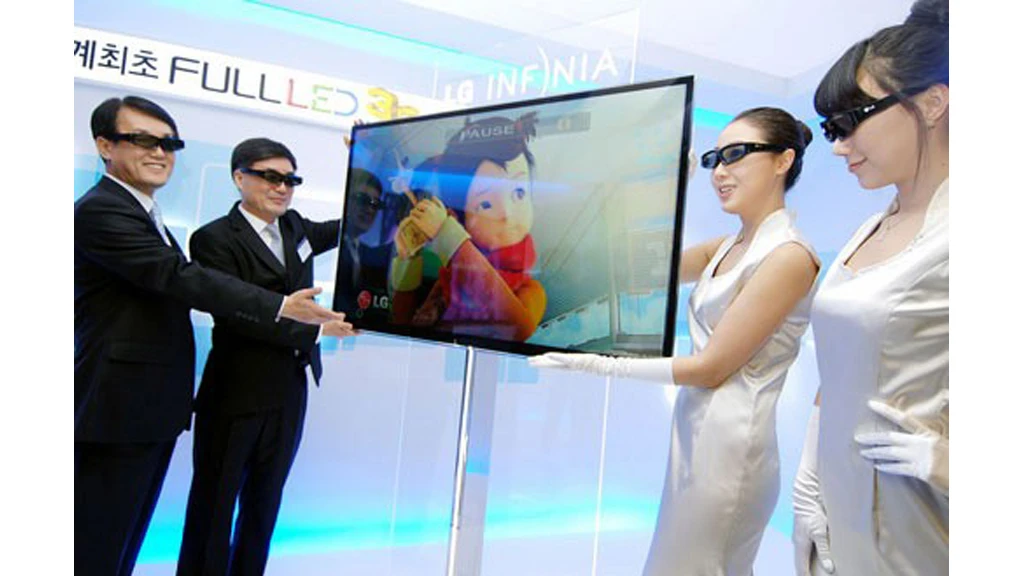 Future's so bright for Senior Vice President and CEO of LG Electronics, Korea, Kyoung-joon Park, and (left) Executive Vice President and head of the LCD division of LG, Havis Kwon, as they show off the new 3D LED LX9500