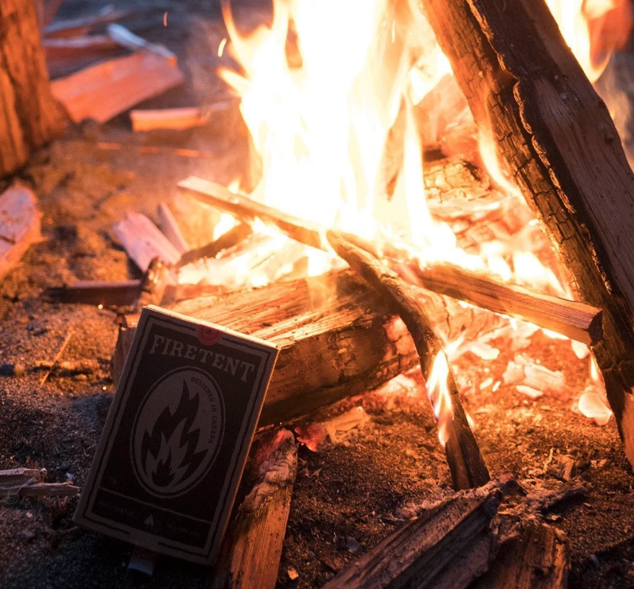 The Firetent pack builds into a small tinder fire that burns all of its materials, including the packaging