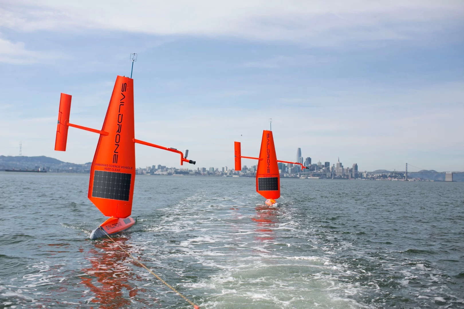 Saildrones being tested at their home city of San Francisco