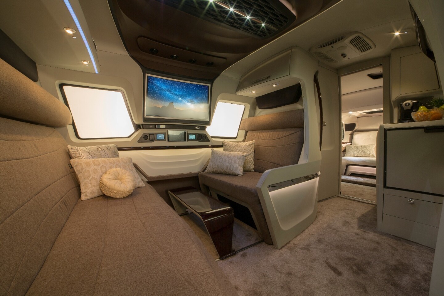 Inside the living area of the Finetza van