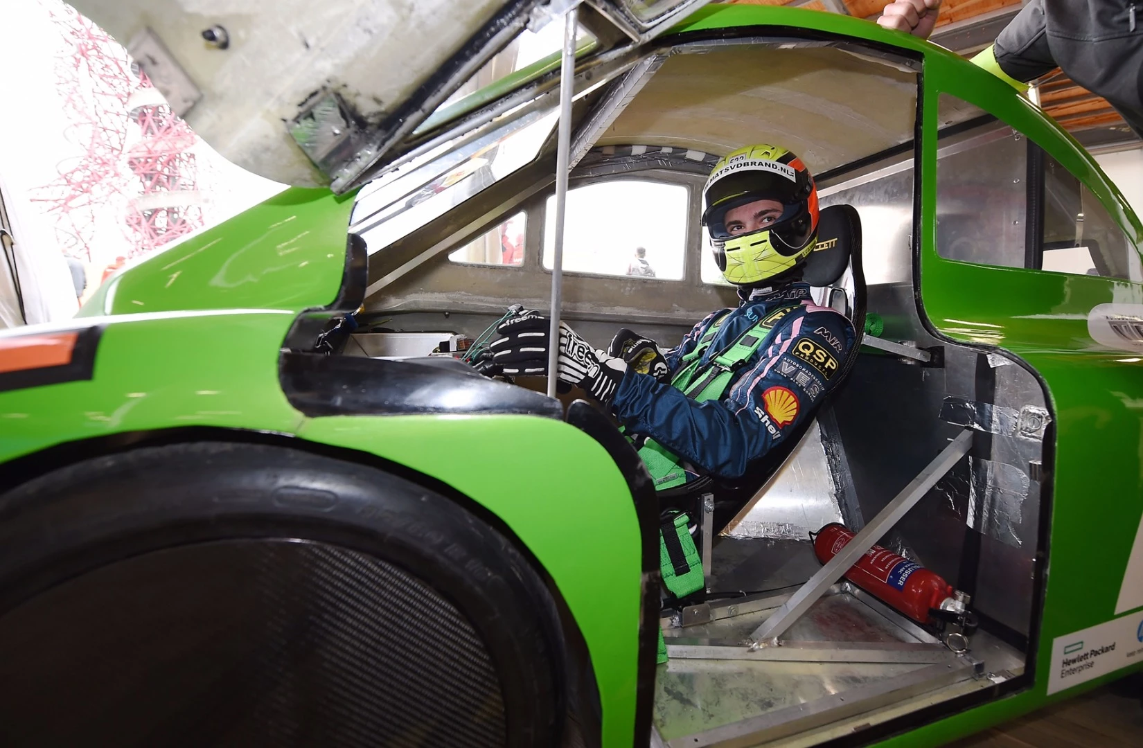 The IVY-1, a GTL UrbanConcept racing for team Summotive from Summa College Eindhoven, Eindhoven, Netherlands prepares to enter the track during Make the Future London 2016