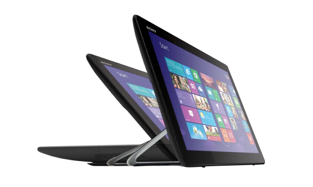 The new Windows 8 VAIO can lay flat on a desk or table like a huge tablet, you can flip out the built-in stand for movie viewing or surfing, or use it upright with the included wireless keyboard and mouse for an All-in-One-desktop-PC-like experience