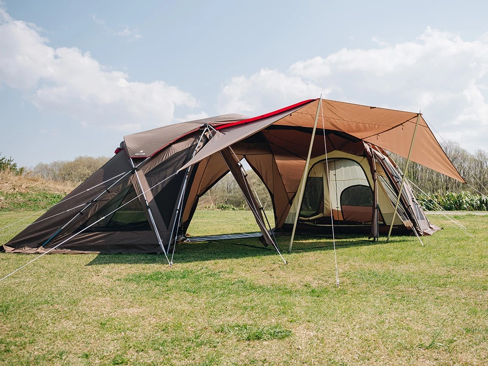 Snow Peak Zekka set up with wider open awning and breezy open-air front