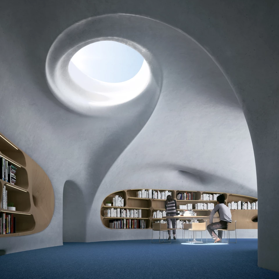 The Wormhole Library's decor will be a mixture of concrete and wood