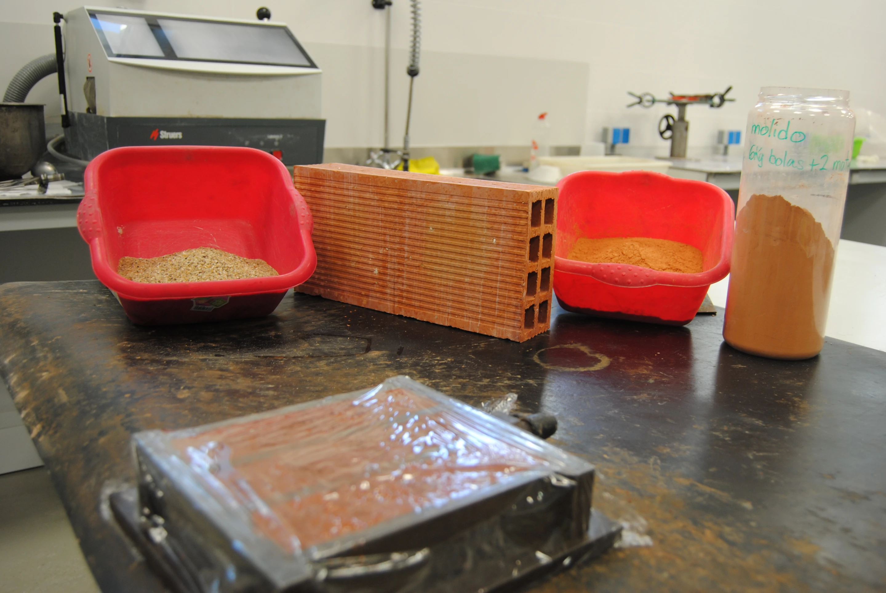 Samples of the cement, made from recycled red clay bricks