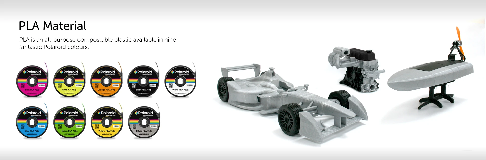 The ModelSmart 250S uses 1.75 mm PLA filament from Polaroid that's available in 9 colors