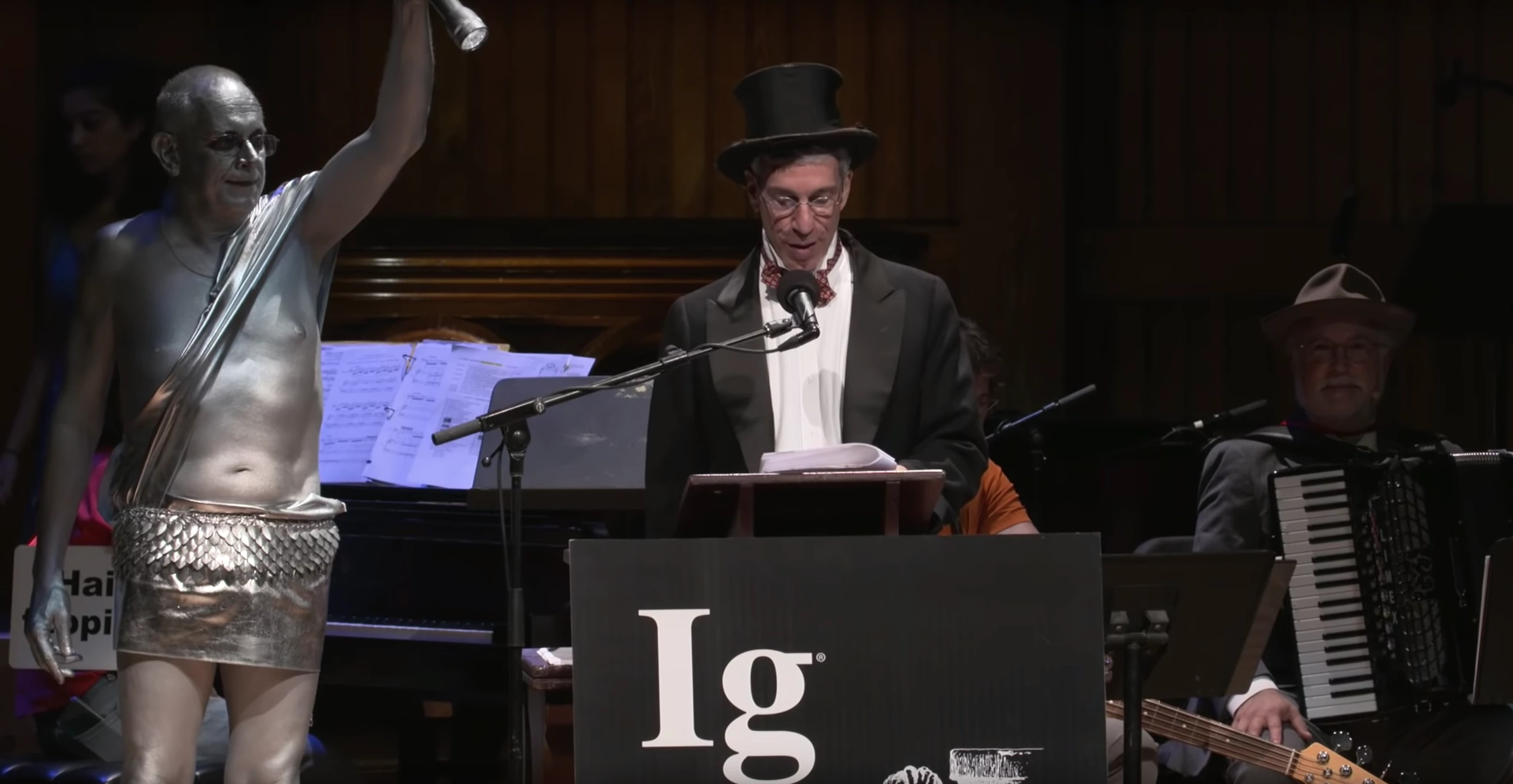 Marc Abrahams, originator and emcee of the annual Ig Nobel Prize celebration, under the spotlight at the 2019 ceremony