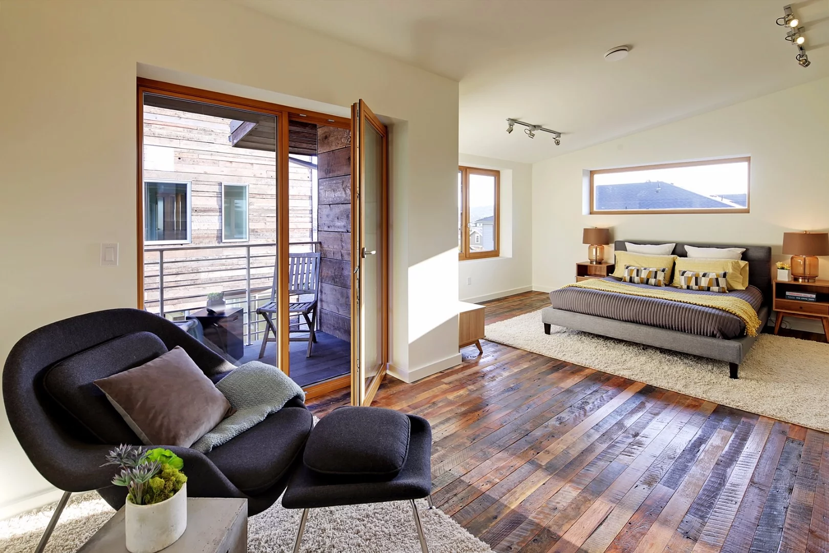 Wooden flooring is used in some parts of the house