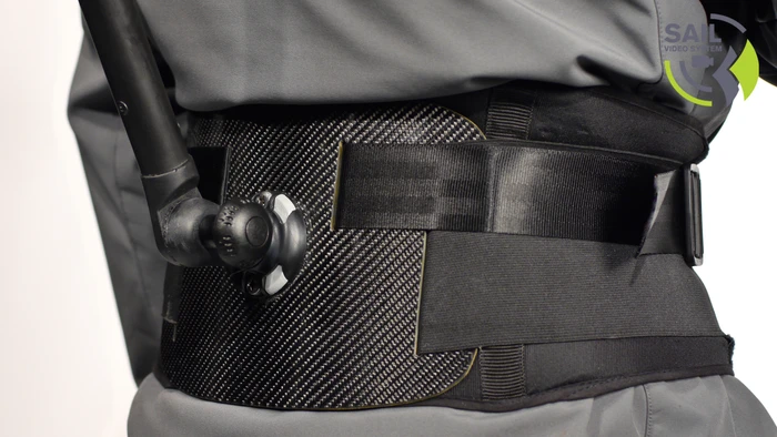 The 3rd Person View consists of three parts – a waterproof adjustable waistband with a carbon sandwich backplate; an alloy adjustable camera pole; and, a locking/release mechanism