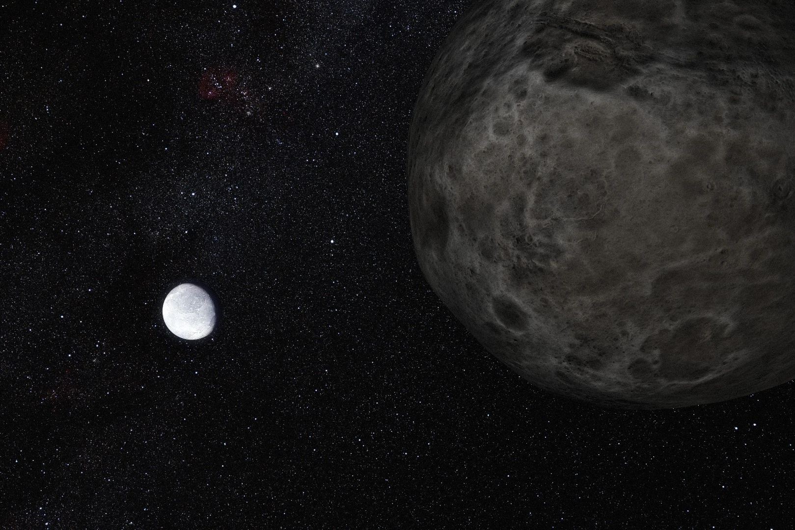 This artist's impression shows the distant dwarf planet Eris in the distance with its moon Dysmonia in the foreground