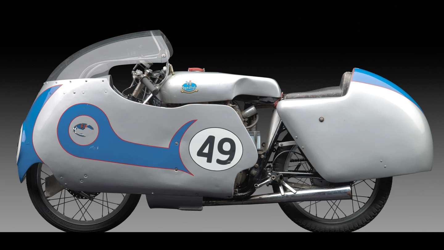 The winning bike in the 1957 World 250cc Motorcycle Championship, this F.B. Mondial250 Bialbero GP bike is one of three bikes produced - the three DOHC single-cylinder machines finished in the first three places of the championship with Cecil Sandford, Tarquinio Provini and Sammy Miller aboard, before Mondial withdrew from Grand Prix Racing at the end of the year. The bike was sold at auction by RM Auctions and Sothebys for US$143,000 in December, 2013. Photo: Michael Furman