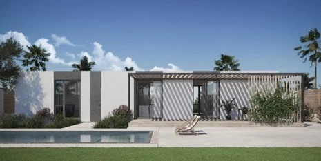Mighty Building's 3D-printed homes will feature three bedrooms, two bathrooms and backyards with decking and swimming pools