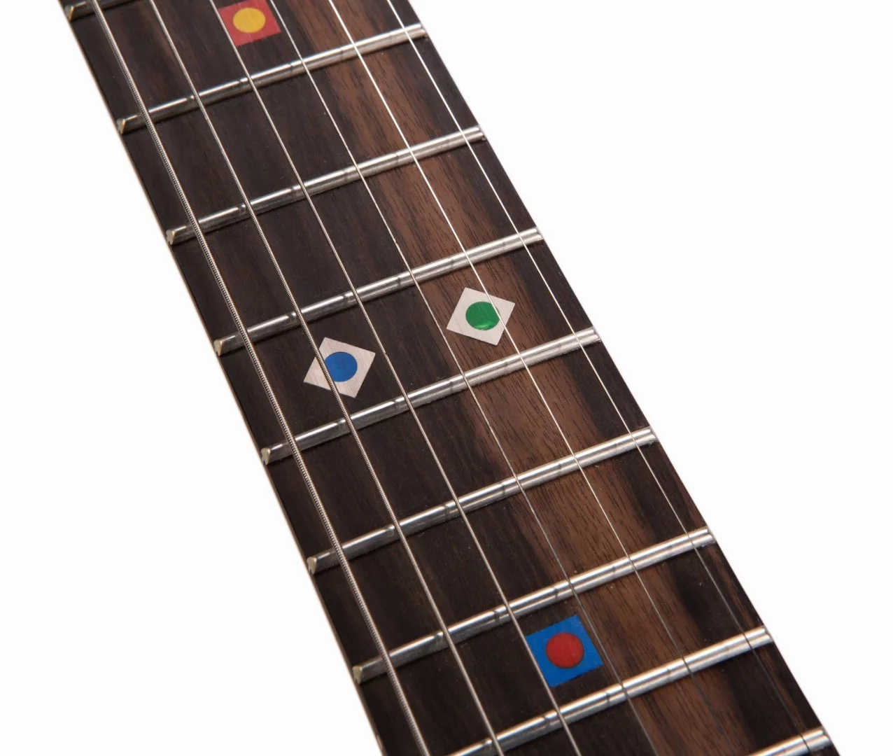 The neck inlays of the Lego Guitar are inspired by the popular plastic brink
