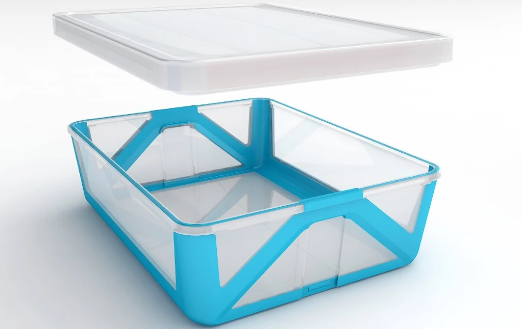 UK inventor Ben Strange is hoping to tidy up your cluttered kitchen cabinet, with a plastic box that folds up flat inside its lid for smarter storage