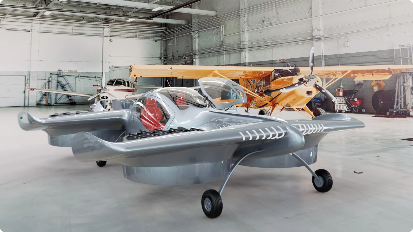 The wings are pitched back, so they level out as the aircraft tilts forward for multicopter-style flight
