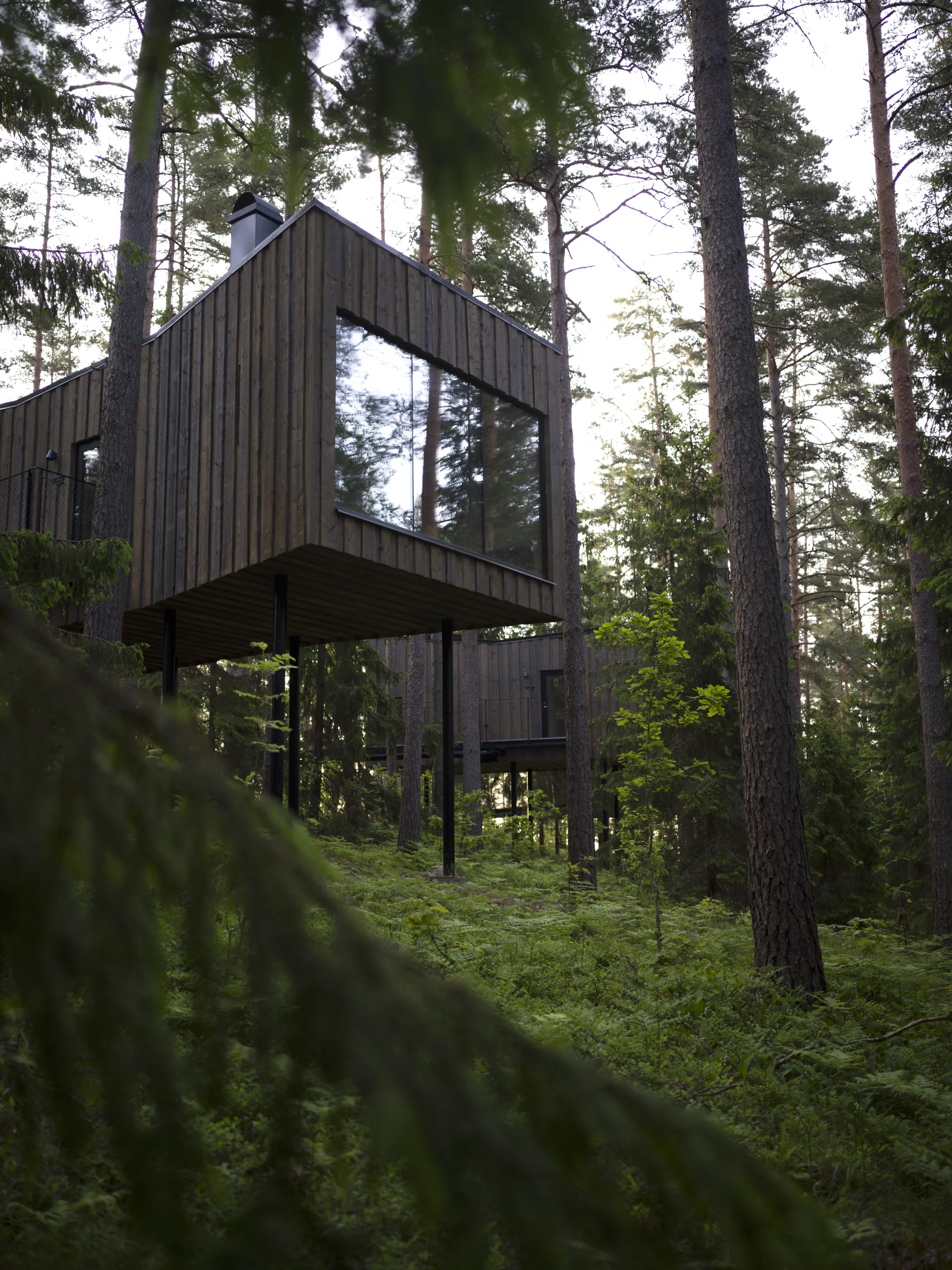 Each cabin is balanced above a series of eight steel pillars