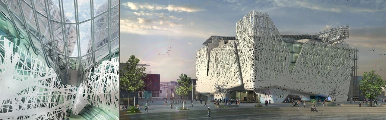 The final design resembles large stretched-out tree branches which wrap themselves around the iconic building