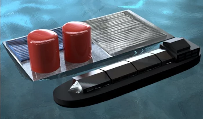 A computer render of a large-scale "floating solar rig," which captures sunlight through a photovoltaic cell and uses it to generate hydrogen through water electrolysis in the seawater it's floating on