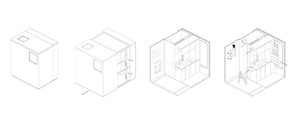 The homes would be constructed from laminated wood and steel, and measure just 209 x 150 x 243 cm (6.85 x 4.92 x 7.97 ft) when in a "closed" state