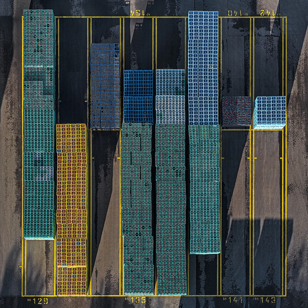One of Lang's favorite recent projects is called Crate Stacks, looking at the Tetris-like patterns in crates at a German beverage manufacturing plant