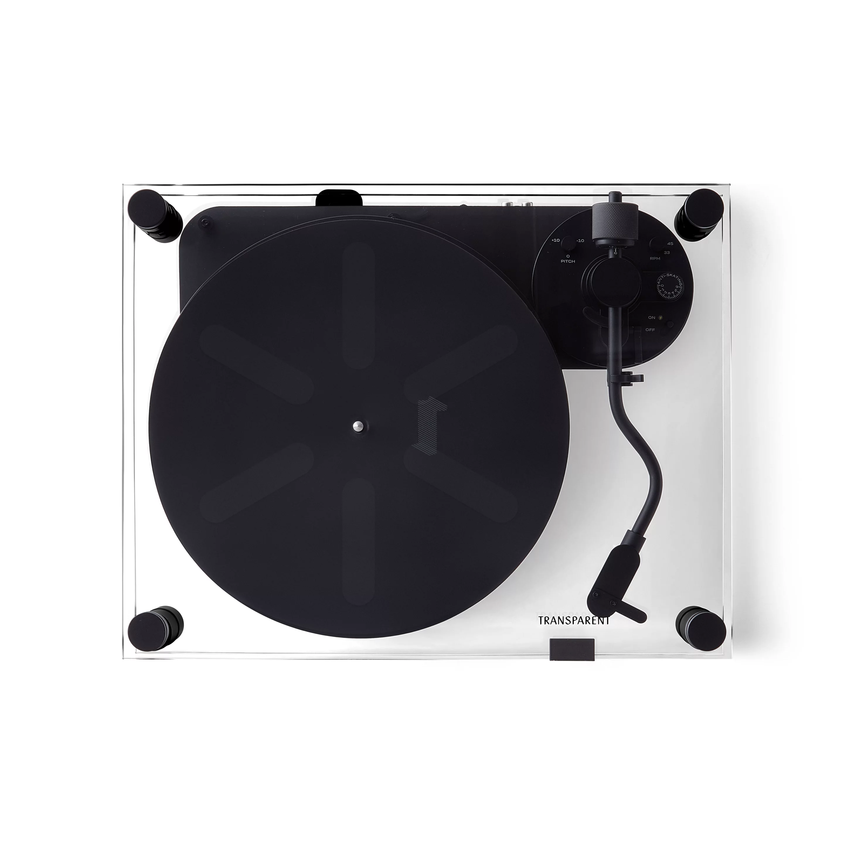 The Transparent Turntable features a belt-driven aluminum platter and curved anti-skating tonearm
