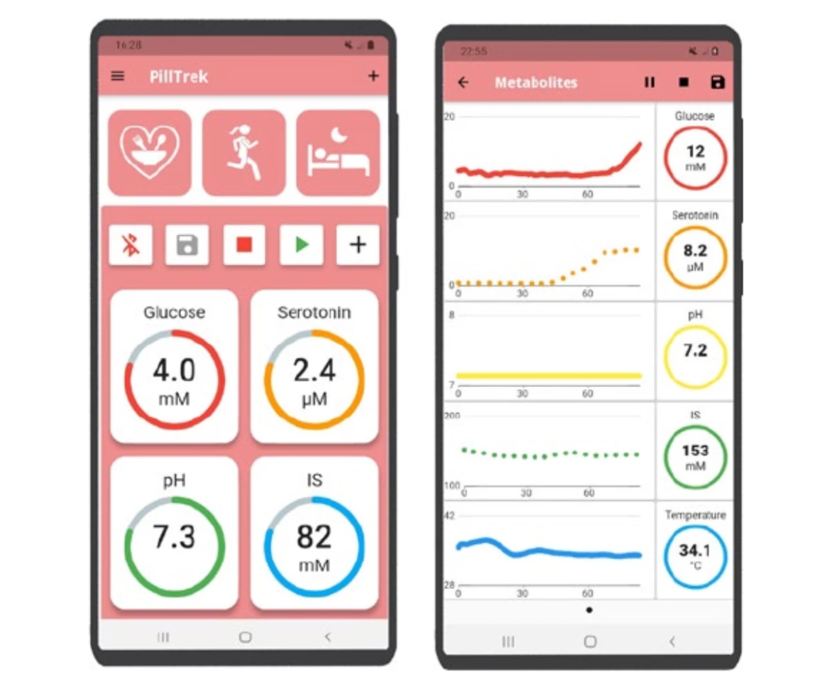 The Caltech team built a mobile app to receive and display GI tract biomarker measurements in real-time