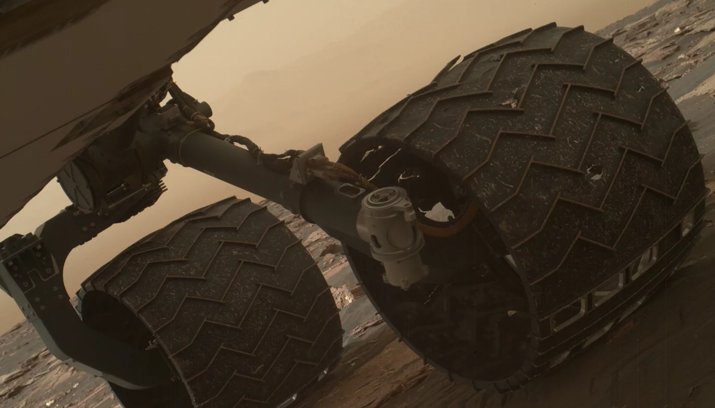 Two of the raised treads, called grousers, on the left middle wheel of NASA's Curiosity Mars rover broke during the first quarter of 2017