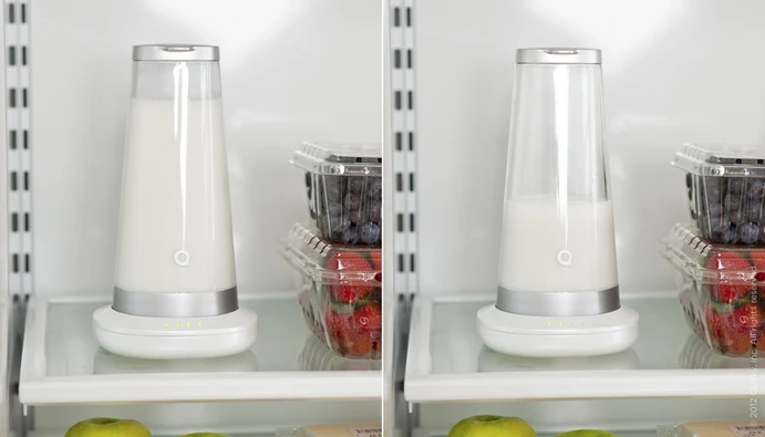 Milkmaid - A smart milk jug that detects when the milk is off and reminds you to buy more - Sitting in fridge