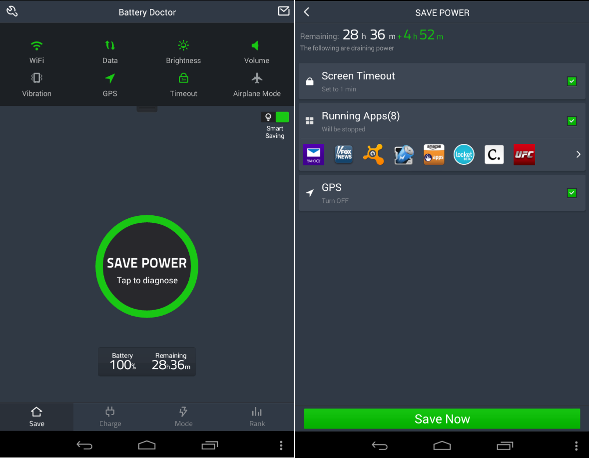 Battery Doctor is a free app that scans your system and give you a one-button solution to save battery power.