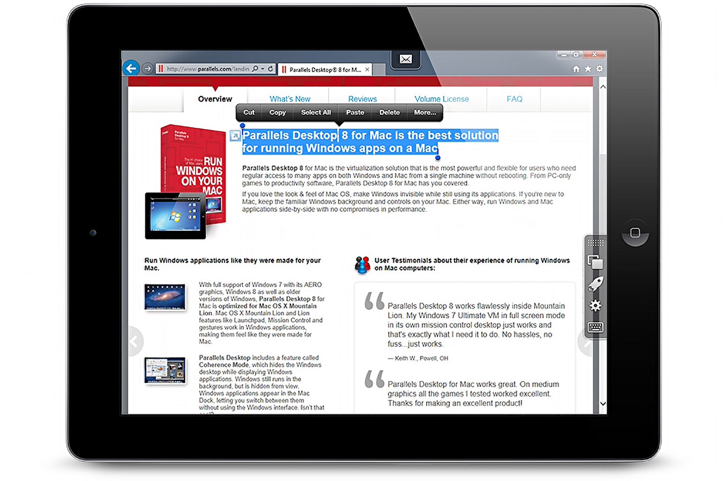 You can even select text like you do on the iPad, and copy and paste between your remote PC and your iPad
